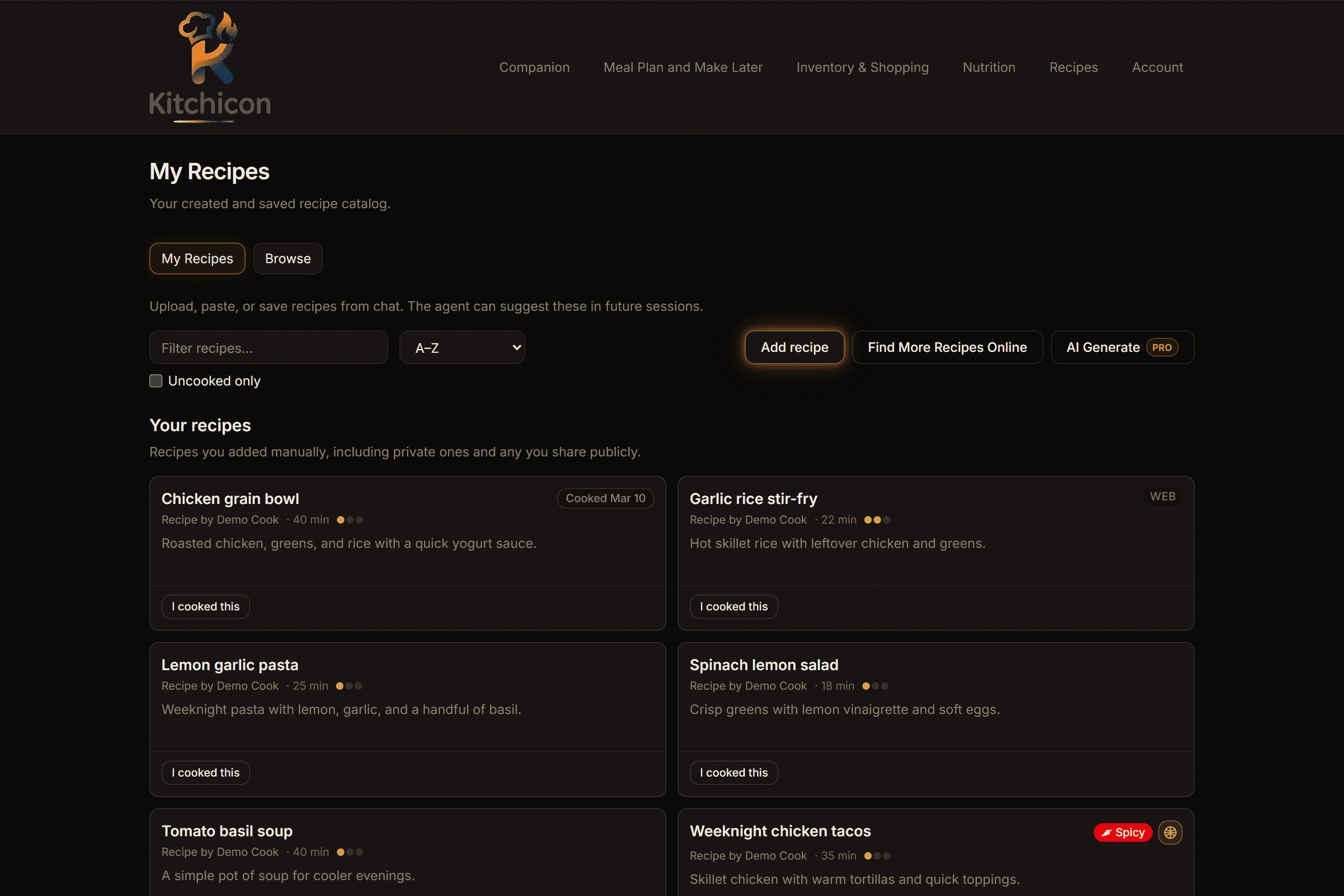 Kitchicon recipe browser with your catalog and cook actions
