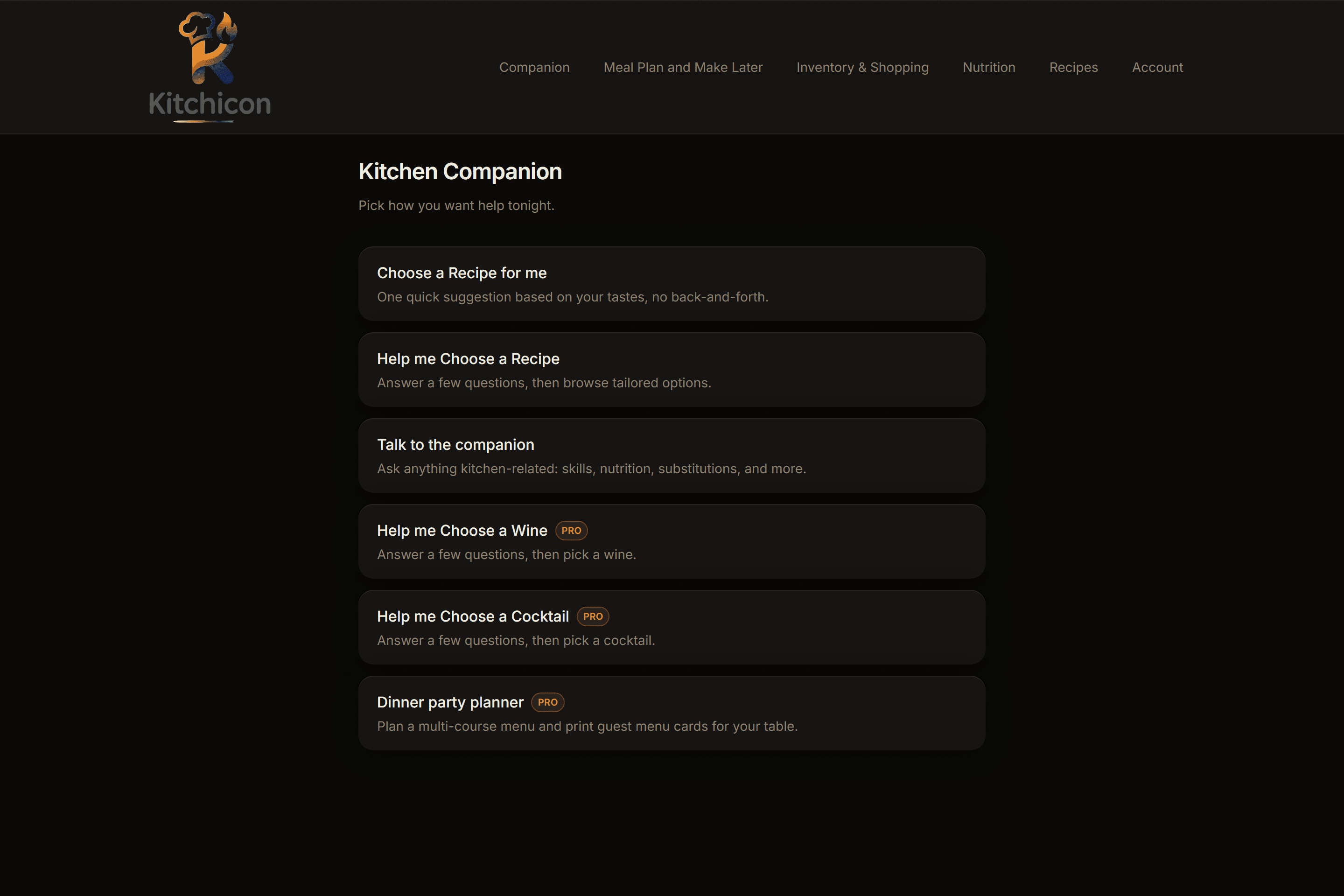 Kitchicon Kitchen Companion menu for recipe picks and cooking help