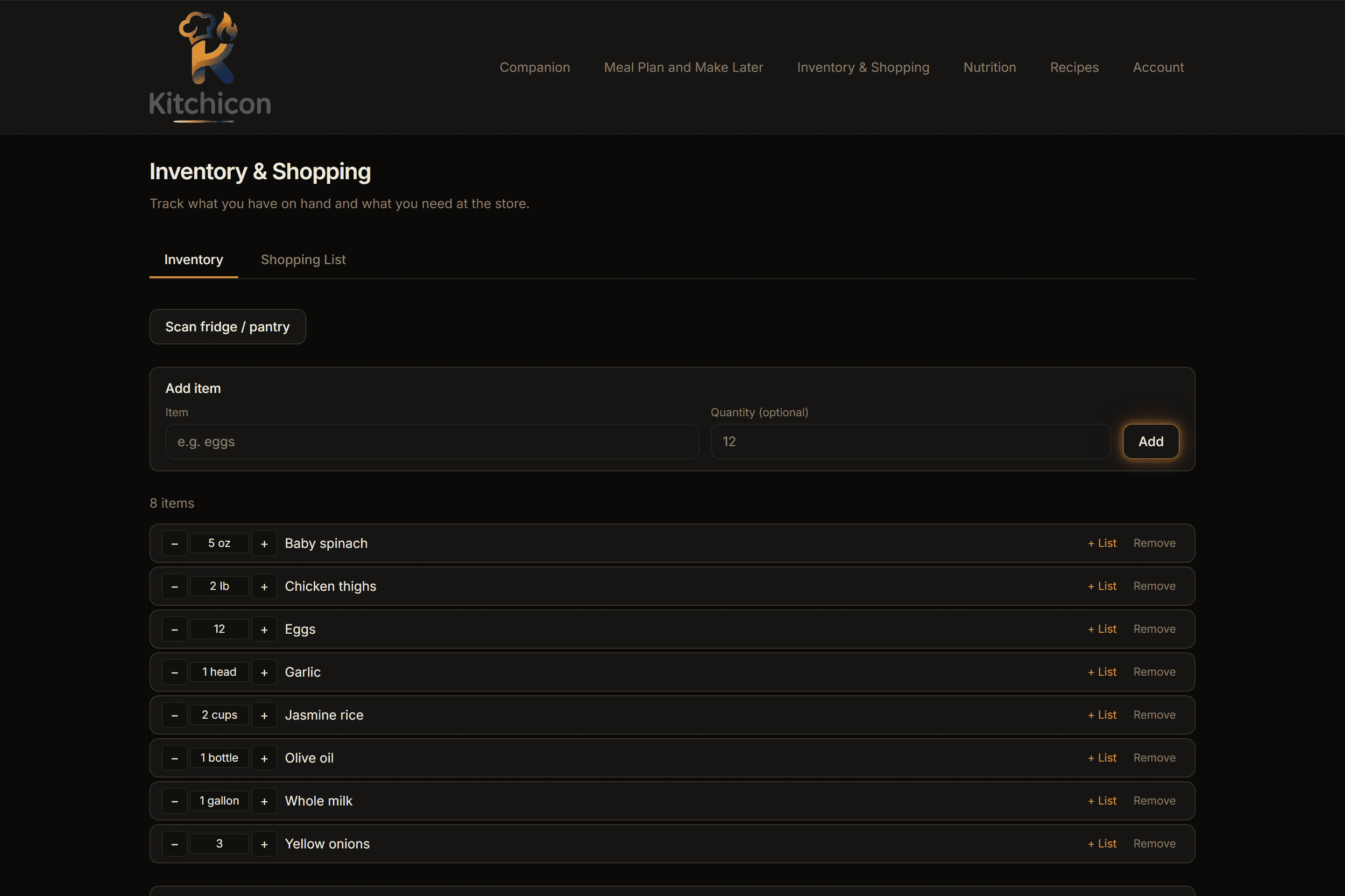 Kitchicon inventory and shopping list with pantry items